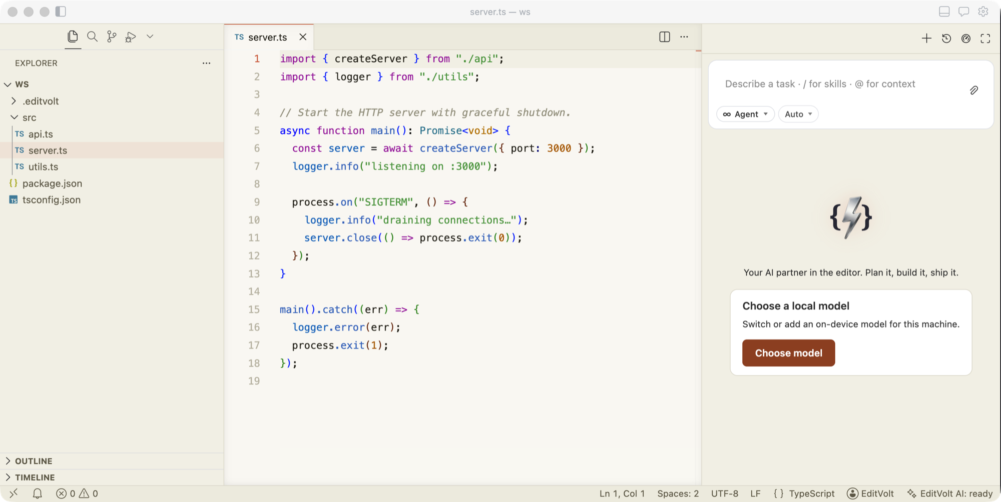 EditVolt on macOS: file explorer, a TypeScript file open in the editor, and the assistant panel on the right.