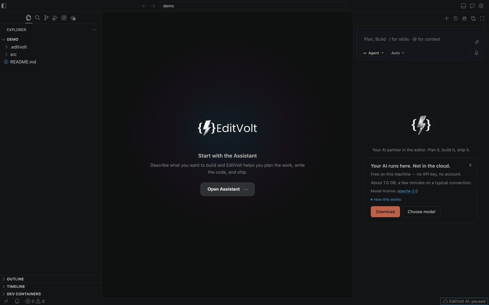 The EditVolt Assistant panel next to the editor