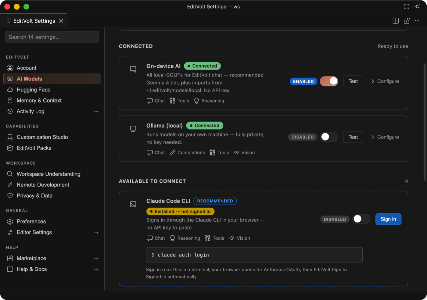 Settings in a dark theme