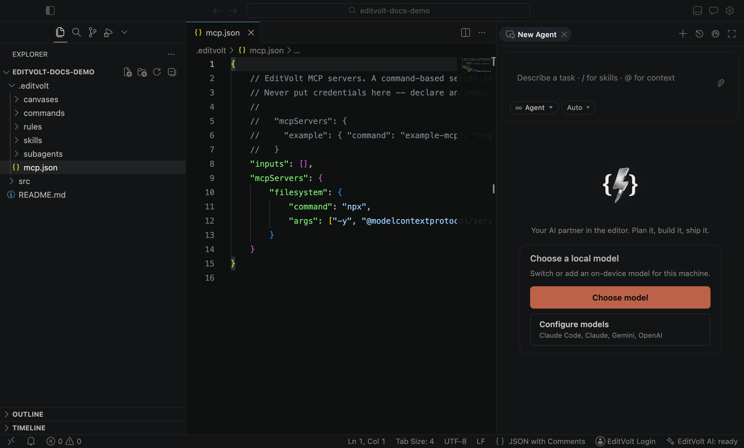 A newly created mcp.json with an example server